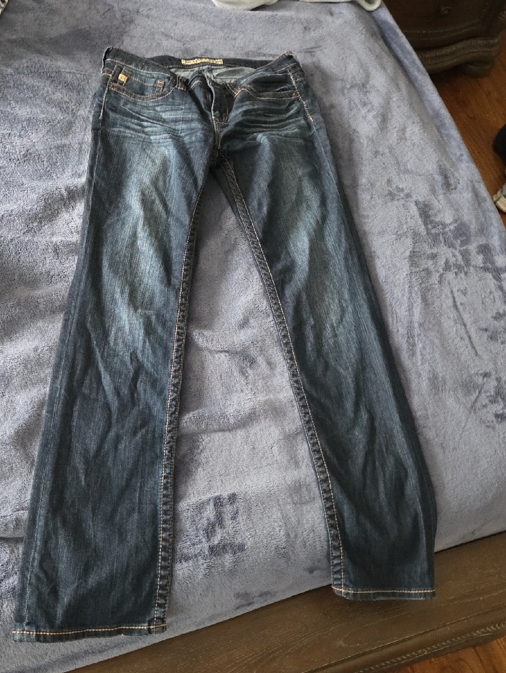 Big Star Kayla Straight Mid-Rise Jeans in Dark Blue with Tan Stitching